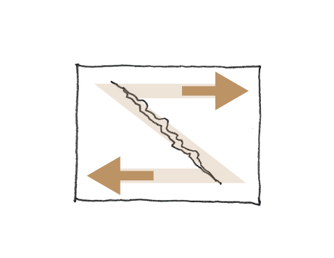 Grieta diagonal en pared o muro en forma de 5, debido a un esfuerzo horizontal hacia la derecha en la parte superior y/o hacia la izquierda en la pate inferior.